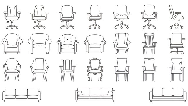 Collection of lineart chair icons and furniture silhouettes in various seating styles.