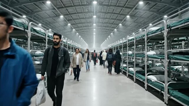 Diverse people walking in large hall with bunk beds