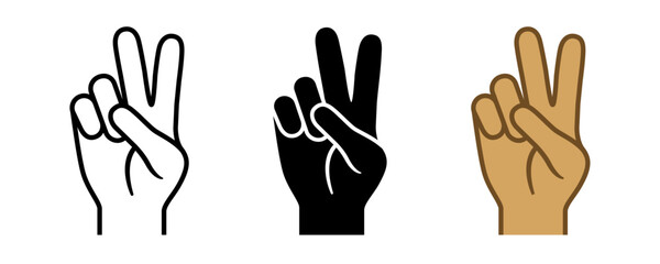 Fototapeta premium Peace sign hand gesture icons. Holding up two fingers. Outline, solid and skin tone styles. Editable line weight vector illustration.
