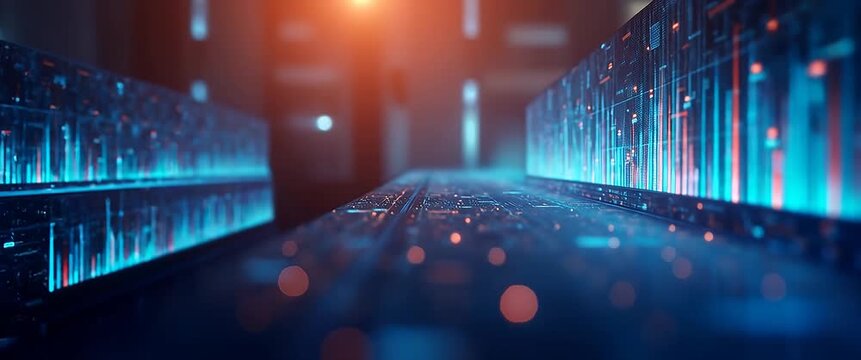 Futuristic data center with servers pulsating in neon blue and orange; camera slowly pans across endless rows of digital displays in a cinematic style, creating a dynamic tech ambiance.