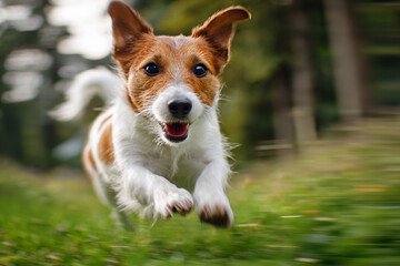 Playful puppy running on green meadow