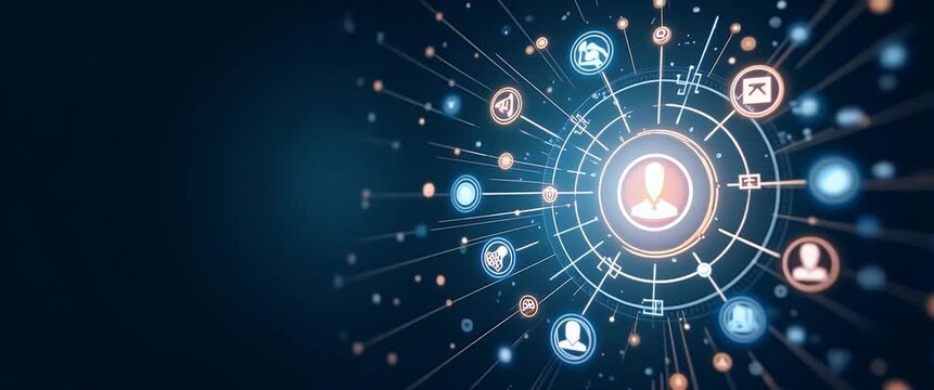 Dynamic network connection visualization with digital icons orbiting in a futuristic interface, featuring slow camera pan and ambient glow, ideal for technology and communication themes.