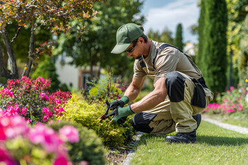Gardener trimming hedge in colorful landscaped garden