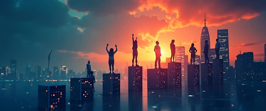 Silhouetted figures rise on illuminated platforms against a vibrant cityscape at sunset, with a slow camera pan and gentle ambient light flicker, creating a cinematic vision of progress and ambition.