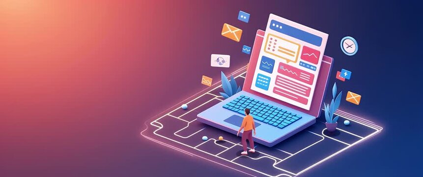 Animated digital workspace unfolds as a person explores a giant laptop interface; camera pans smoothly in a vibrant, cinematic style, highlighting technology and innovation.