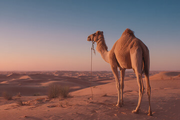 Camel standing in desert under clear blue sky