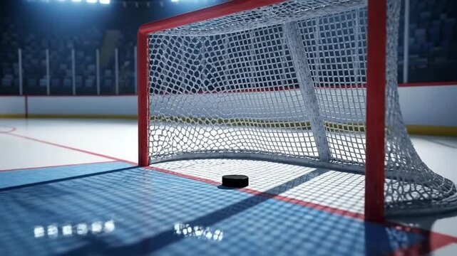 Hockey Goal with Puck on Ice Rink.