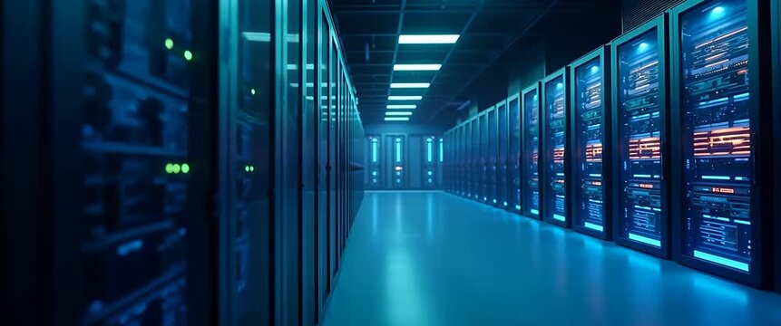 In a cinematic data center, servers hum with gentle ambient motion as the camera slowly pans down a corridor, highlighting advanced technology and digital infrastructure.