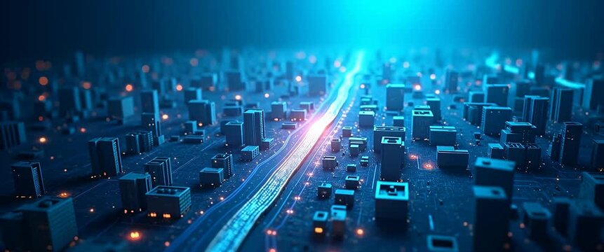 Cinematic aerial view of a futuristic digital cityscape with glowing data streams flowing through skyscrapers, camera slowly panning as ambient lights flicker, showcasing technology and innovation.