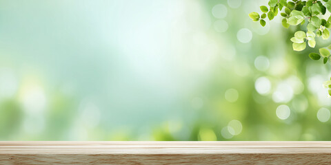 木製テーブルと緑のボケ背景 コピースペース付き