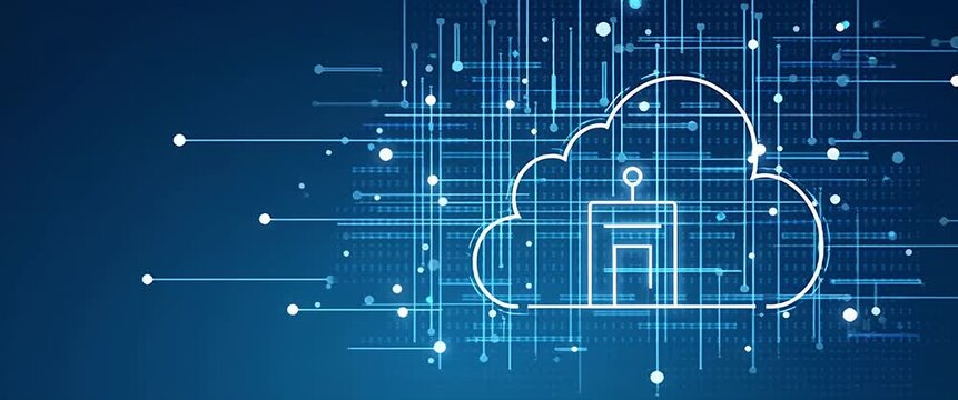 Digital cloud computing network with animated data flow lines, gentle ambient motion, and a slow pan camera move, set against a minimalist, futuristic blue background, cinematic style.