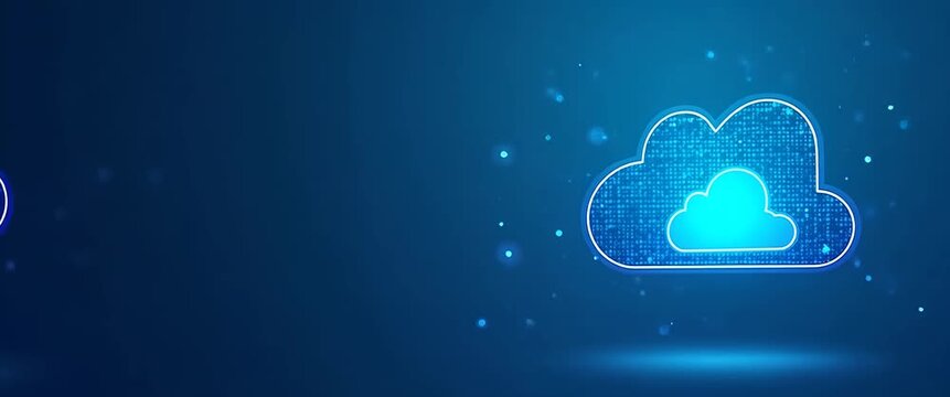 Glowing digital cloud icons with security symbols subtly pulse as the camera gently pans across a futuristic network grid, creating a cinematic depiction of data protection and technology.