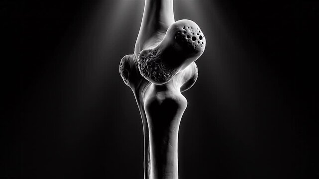 A dramatic, high-contrast black and white studio shot of a human knee joint, highlighting the intricate bone structure.