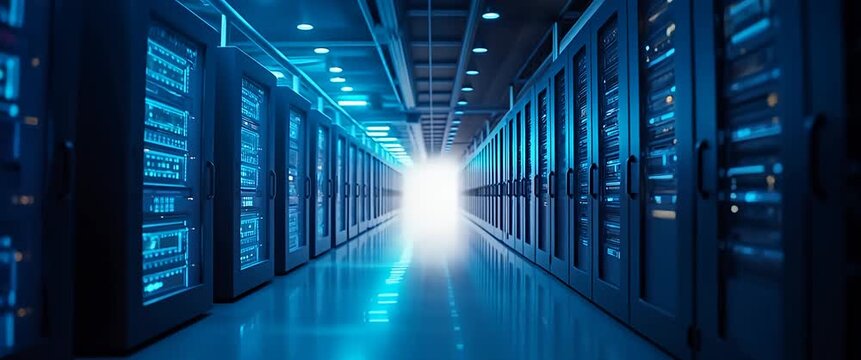Steady camera tracks through a futuristic data center with servers gently humming and blue LED lights flickering, creating a cinematic technology ambiance ideal for IT infrastructure themes.
