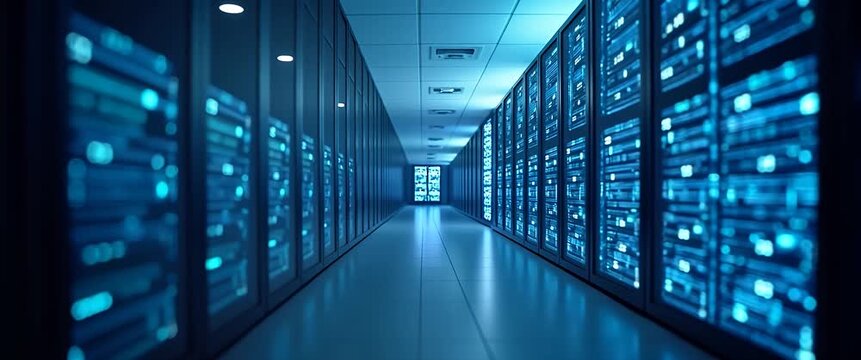 Cinematic glide through a high-tech data center, showcasing rows of glowing servers with ambient lights flickering, while the camera slowly tracks forward, capturing the essence of digital infrastruct