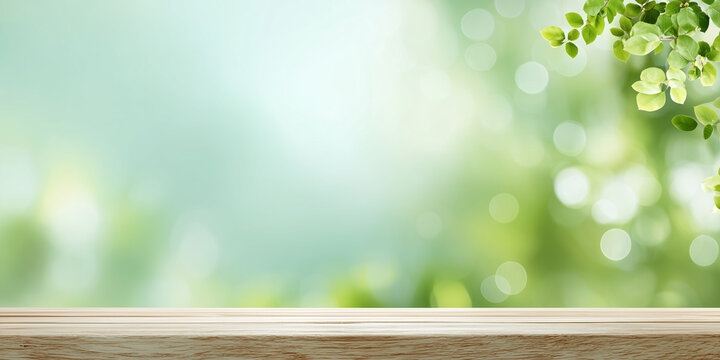 木製テーブルと緑のボケ背景 コピースペース付き