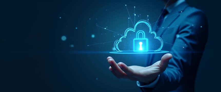 Businessman's hand gently lifts digital cloud icon with lock, symbolizing cybersecurity; camera slowly pans across the scene, with ambient lights flickering in a cinematic style.