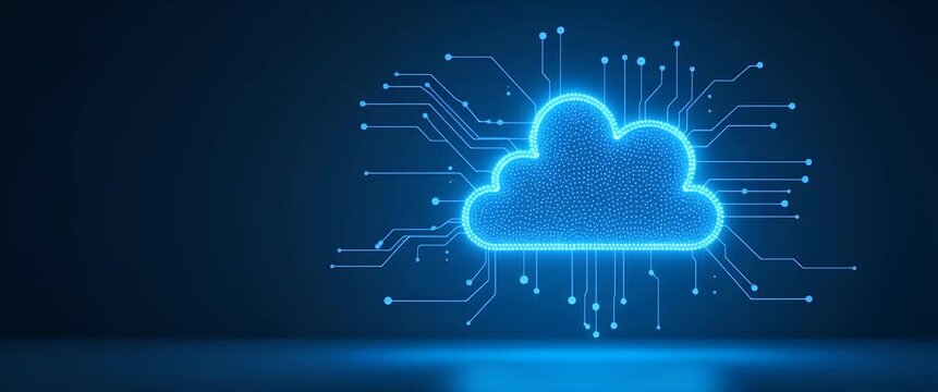 Glowing digital cloud icon hovers gently as camera pans slowly, surrounded by shimmering abstract lights in a cinematic tech scene, ideal for cloud computing and digital innovation themes.