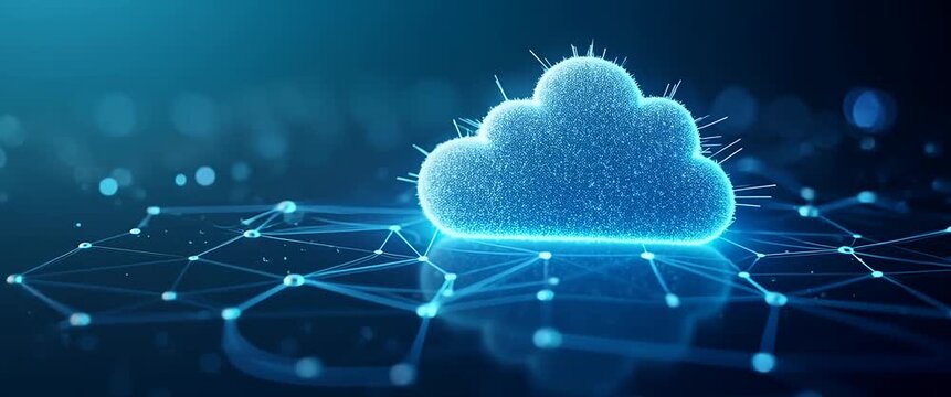 Cinematic visualization of a digital cloud with particles gently swirling, as the camera pans slowly across a futuristic network, emphasizing technology, innovation, and connectivity.