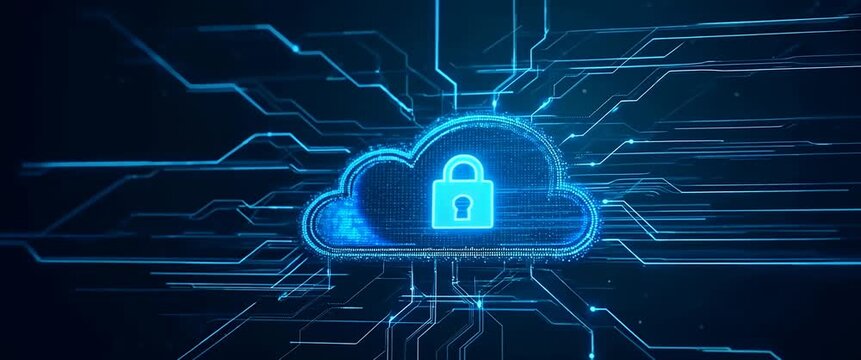 Futuristic digital cloud with secure lock icon pulses gently as the camera slowly pans across a dynamic circuit board landscape, showcasing advanced cybersecurity technology in a cinematic style.