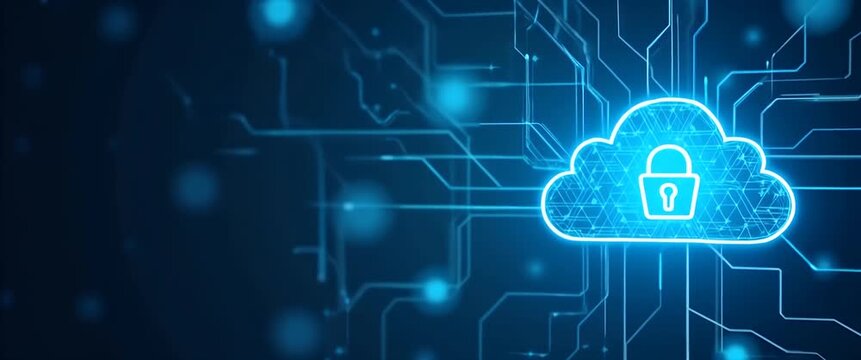 Futuristic digital cloud with secure lock icon pulses gently as the camera slowly pans across a dynamic circuit board landscape, showcasing advanced cybersecurity technology in a cinematic style.