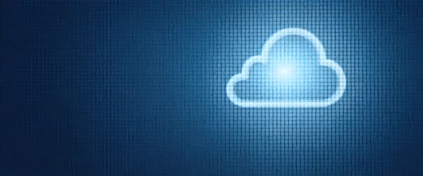 A glowing cloud icon animates softly against a digital blue backdrop, with a gentle camera pan revealing a pixelated texture, in a sleek, futuristic, and cinematic style.