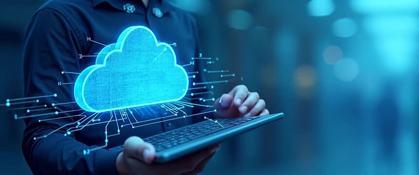 Hands hold a tablet projecting 3D cloud data, glowing with digital codes; the camera slowly pans, capturing ambient light flicker in a futuristic, cinematic tech office setting.