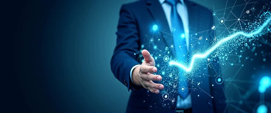 Businessman's hand reaching towards holographic data interface, with gentle ambient light flickering and a slow cinematic camera pan, illustrating innovation and technology integration.