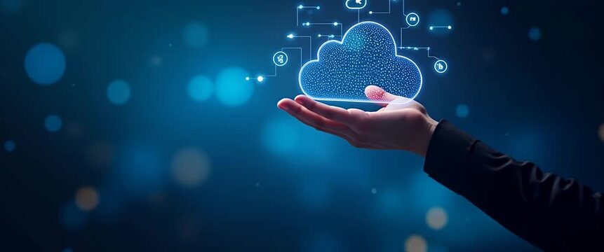 Hand gently elevates a glowing digital cloud icon as lights softly flicker; camera smoothly pans across a futuristic, technology-inspired scene with a cinematic, modern style.