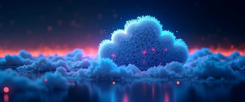 Fluffy neon cloud gently sways in a dreamlike landscape as soft bokeh lights flicker, with slow panning camera capturing this enchanting, cinematic scene.