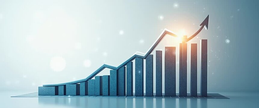 Rising bar graph symbolizes business growth with a dynamic upward arrow, as gentle ambient light flickers and the camera executes a slow cinematic pan, enhancing the financial success theme.