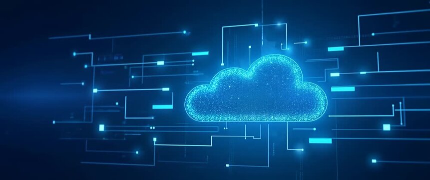 Digital cloud computing concept with glowing cloud icon in a futuristic, cinematic style; gentle ambient motion as lights flicker, with a slow camera pan over a dark blue network background.