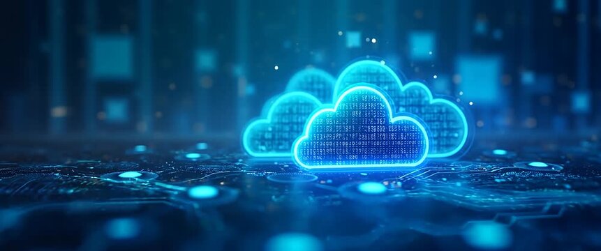 Futuristic digital cloud computing network with glowing data nodes vibrantly pulsating, captured in a cinematic slow pan, amidst an animated, dynamic cyber landscape.