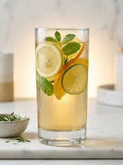 Fototapeta premium Refreshing citrus infused iced tea with lemon, lime, and mint in a tall glass