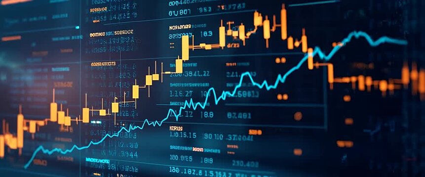 Cinematic stock market data visualization with animated line graphs fluctuating dynamically; the camera slowly pans across a digital screen, capturing the vibrant financial analytics display.