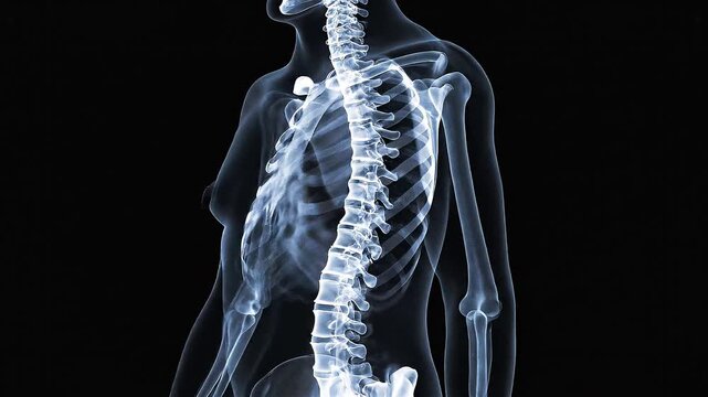 An X-ray image showing the human spine with a noticeable curve, indicating scoliosis, against a black background.