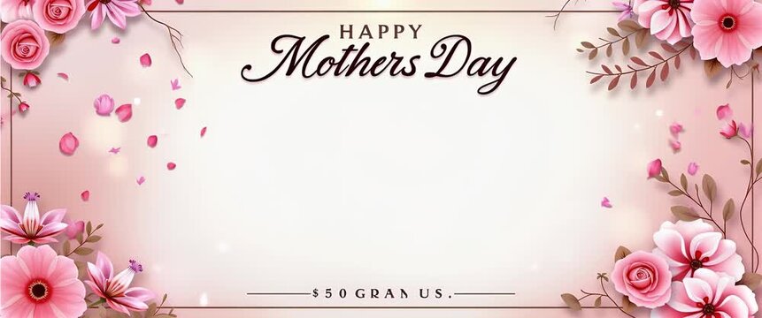 Cinematic Mother's Day floral animation with petals gently falling, camera slow pan across elegant pink and white flowers, soft light flickers create a warm, inviting ambiance.