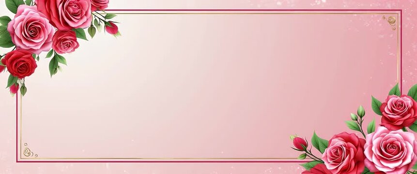 Elegant pink floral frame with roses gently swaying in a soft breeze, captured in a slow panning motion, offering a serene, romantic atmosphere perfect for wedding invitations.