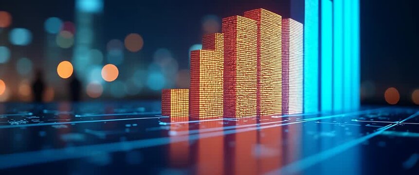Animated digital bar graph grows dynamically as the camera slowly pans across a futuristic cityscape, with ambient lights flickering in a cinematic, high-tech style.
