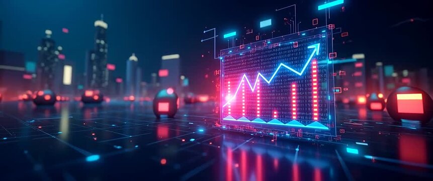 Futuristic cityscape with glowing data charts pulsating on screens, camera gently panning through the digital landscape, creating a cinematic, high-tech ambiance with ambient city lights flickering.