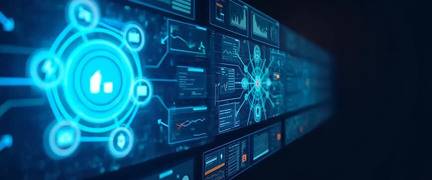 Cinematic motion graphic of digital interface with dynamic data flow and futuristic design, featuring a slow pan across illuminated icons and graphs, ideal for technology and innovation themes.