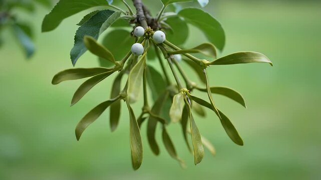 Mistletoe Cluster with White Berries Hanging on a Green Branch Closeup