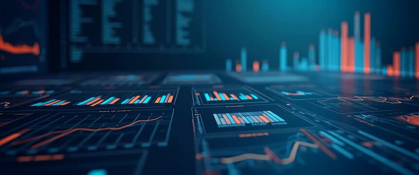 Dynamic financial data charts animate across a digital interface, while the camera slowly pans over a sophisticated, futuristic design, creating an immersive, cinematic business technology experience.