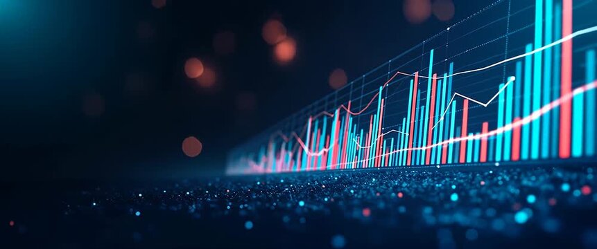 Dynamic financial chart bars rise steadily as the camera smoothly pans across a futuristic digital landscape, with ambient lights flickering in the background, creating a cinematic and analytical atmo