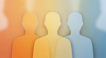 A colorful graphic illustration of three human silhouettes in orange, yellow, and blue hues against a blurred multicolor background.