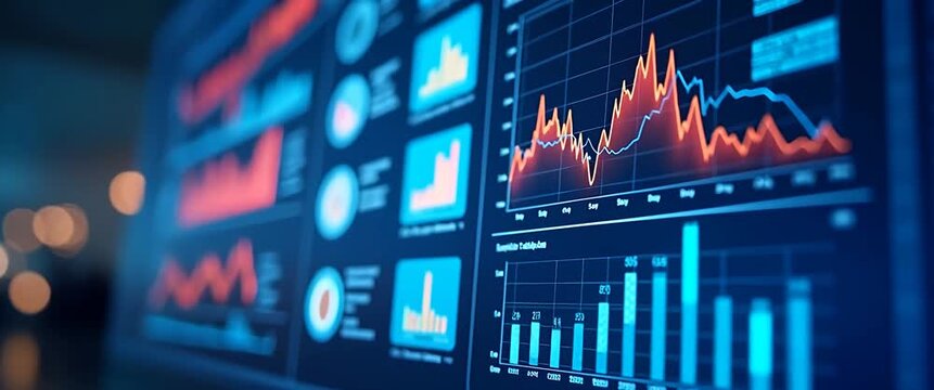 Dynamic financial graphs animate across a glowing blue screen, while the camera smoothly pans, highlighting fluctuating data trends in a sleek, cinematic style.