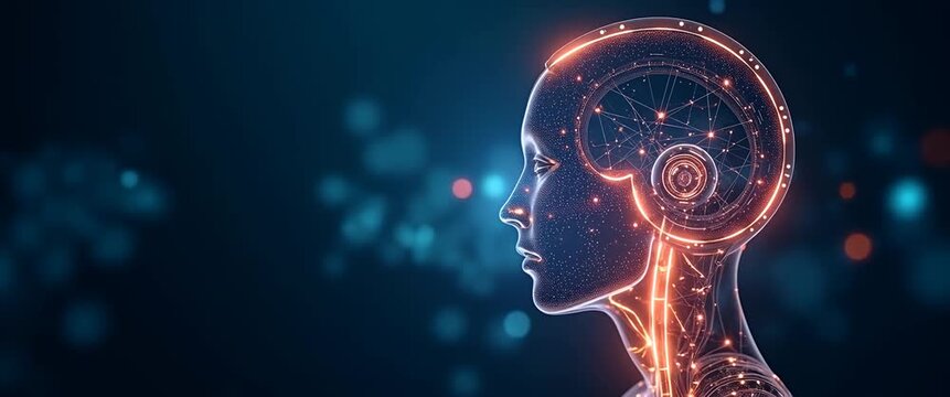 Futuristic humanoid robot with glowing circuits gazes thoughtfully, as the camera gently pans across a dark, bokeh-lit background, creating a cinematic exploration of artificial intelligence.