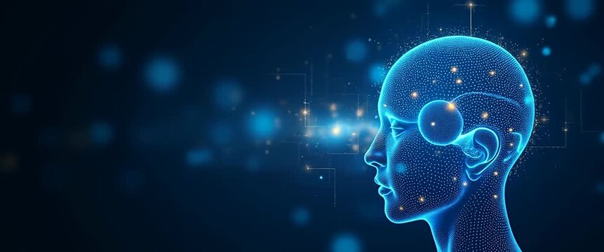 Futuristic AI head with glowing digital nodes subtly pulsates; camera pans slowly, revealing a deep blue background with ambient light flickers, creating a cinematic, tech-inspired atmosphere.