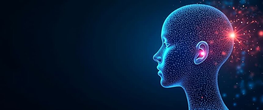 Futuristic AI head with glowing digital nodes subtly pulsates; camera pans slowly, revealing a deep blue background with ambient light flickers, creating a cinematic, tech-inspired atmosphere.