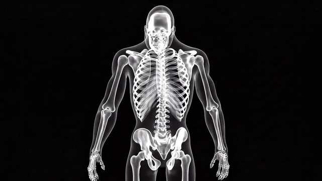 Anatomical illustration of the human skeletal system, viewed from the front, against a black background.